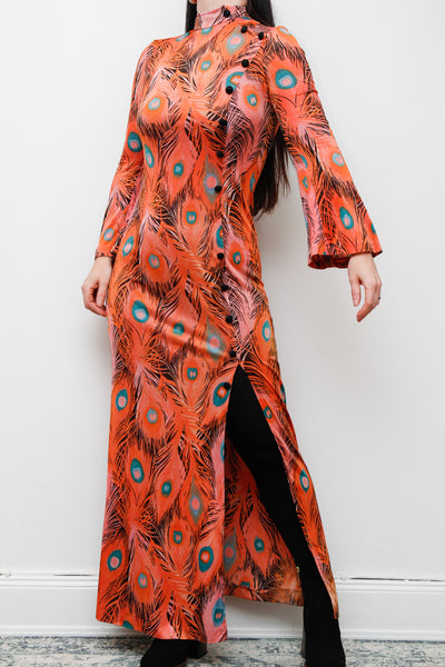 Vintage 1970's Peacock Feather Printed Maxi Dress