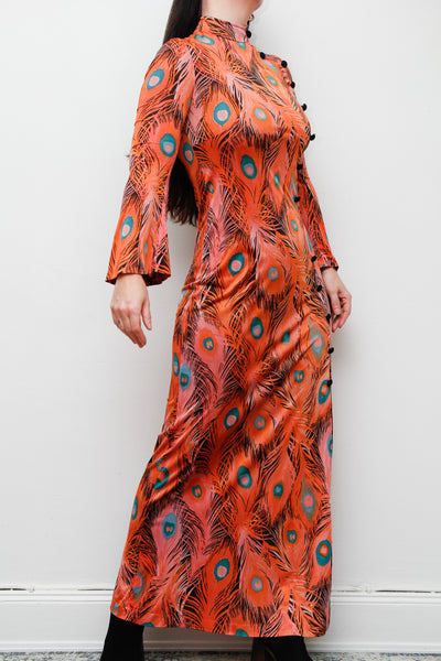 Vintage 1970's Peacock Feather Printed Maxi Dress