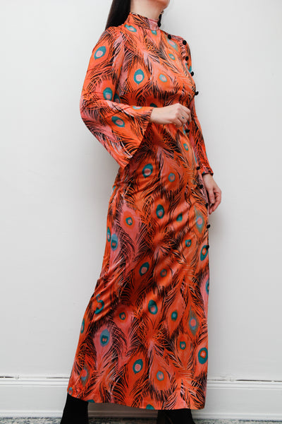 Vintage 1970's Peacock Feather Printed Maxi Dress