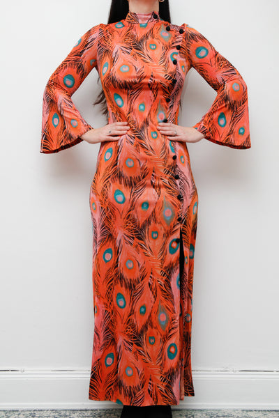 Vintage 1970's Peacock Feather Printed Maxi Dress