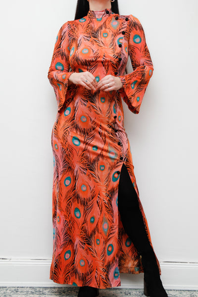 Vintage 1970's Peacock Feather Printed Maxi Dress