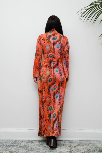 Vintage 1970's Peacock Feather Printed Maxi Dress