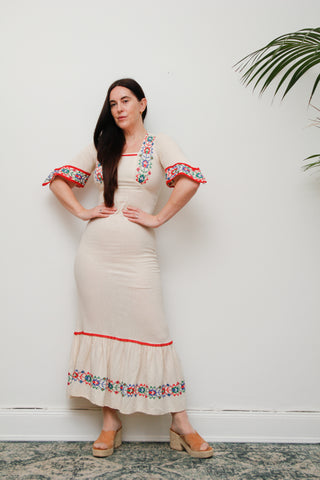 Vintage Cream Embroidered Cotton Kaftan Dress