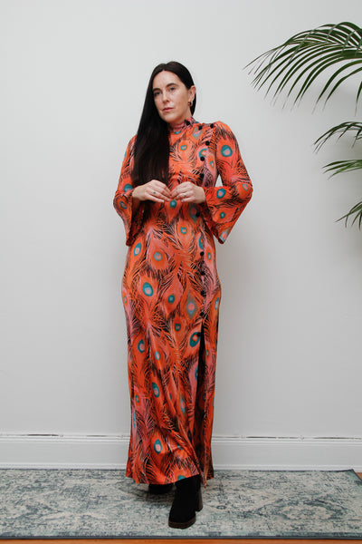 Vintage 1970's Peacock Feather Printed Maxi Dress