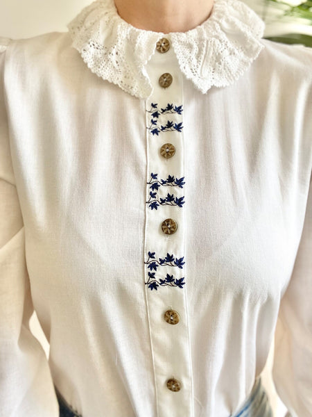 Vintage White Cotton Blouse with Blue Florals