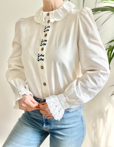Vintage White Cotton Blouse with Blue Florals