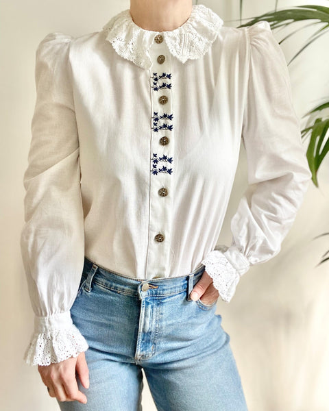 Vintage White Cotton Blouse with Blue Florals