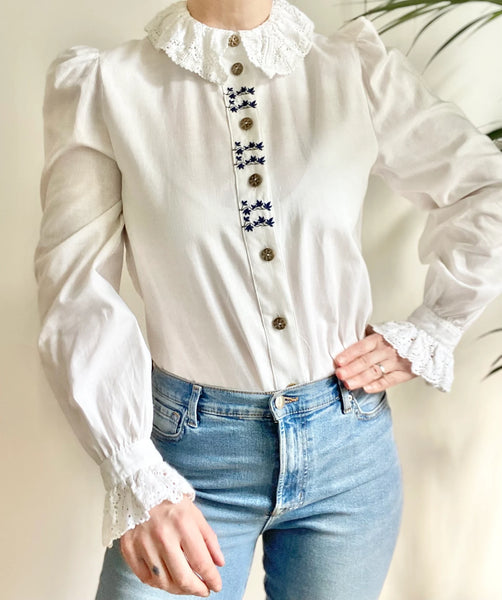 Vintage White Cotton Blouse with Blue Florals