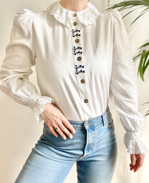 Vintage White Cotton Blouse with Blue Florals