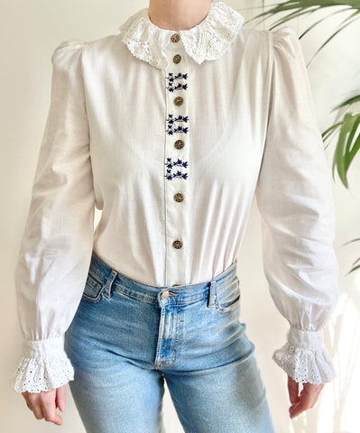 Vintage White Cotton Blouse with Blue Florals