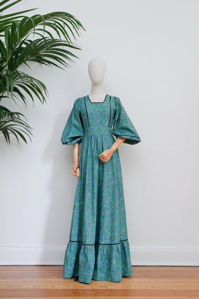 Vintage Floral Green Mutton Sleeve Prairie Cotton Maxi