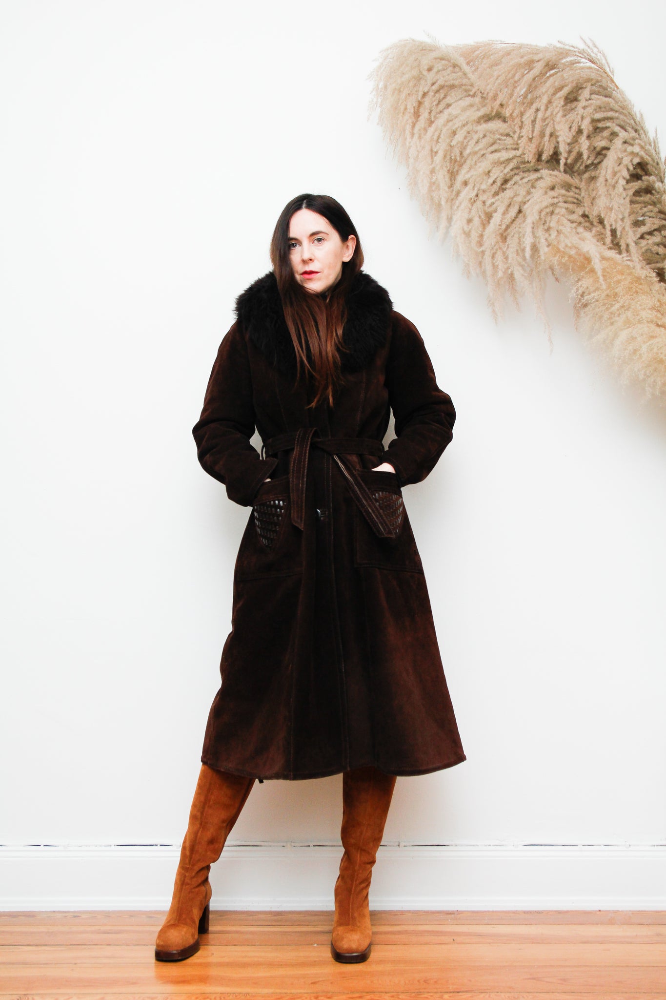 Vintage Sheepskin Suede Trench Hippie Boho Shearling Penny Lane Coat