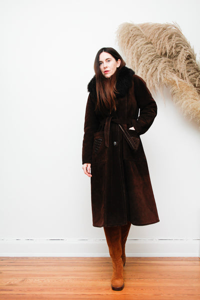 Vintage Sheepskin Suede Trench Hippie Boho Shearling Penny Lane Coat
