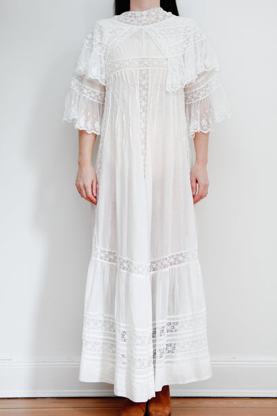 Rare Antique Cotton Lawn Dress, Lace Collar Peter Pan Kaftan Maxi