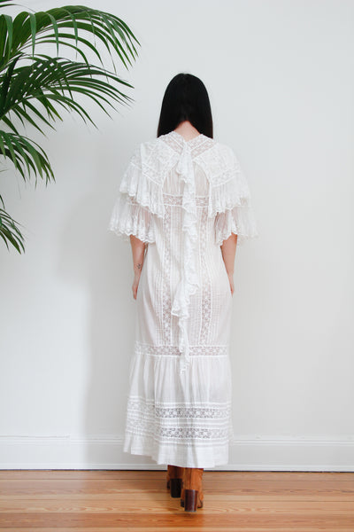 Rare Antique Cotton Lawn Dress, Lace Collar Peter Pan Kaftan Maxi