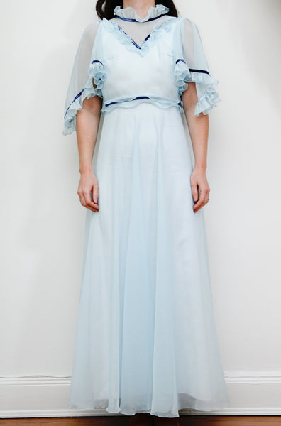 1970's Velvet Sheer Prairie Cotton Kaftan Maxi Dress