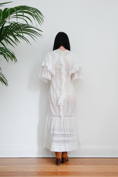 Rare Antique Cotton Lawn Dress, Lace Collar Peter Pan Kaftan Maxi