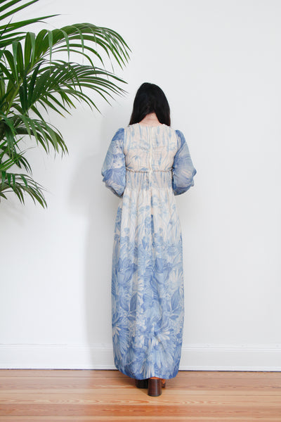 70's Blue Floral Ethereal Maxi Dress