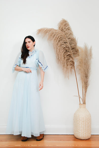 1970's Velvet Sheer Prairie Cotton Kaftan Maxi Dress