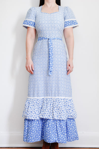 1970's Prairie Patchwork Cotton Floral Maxi Dress