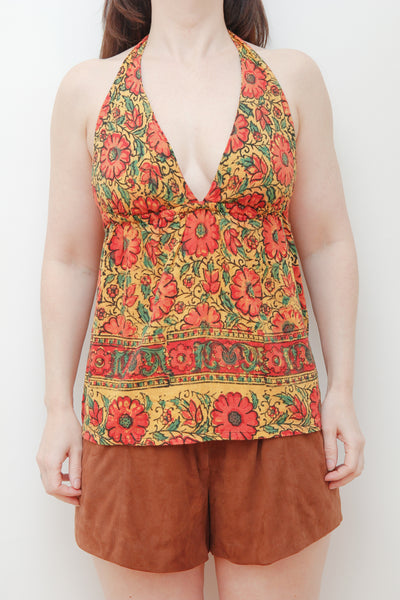 1970's Indian Floral Block Cotton Halter Top Rare