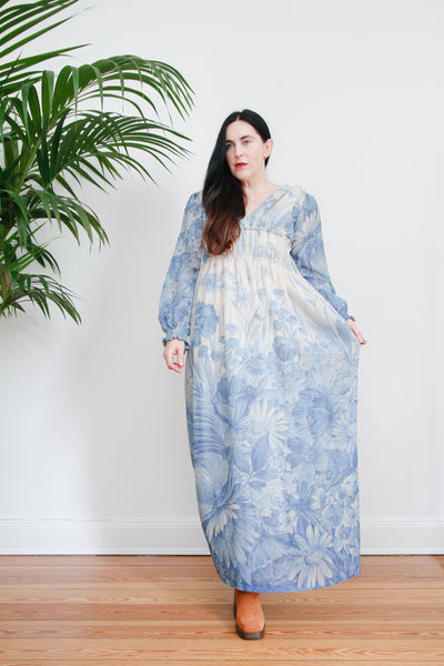 70's Blue Floral Ethereal Maxi Dress