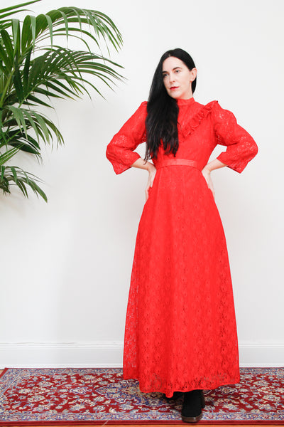 Vintage Gothic Red Floral Victorian Lace Dress