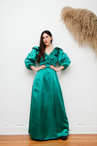 Vintage Satin Silk Frill Maxi Dress