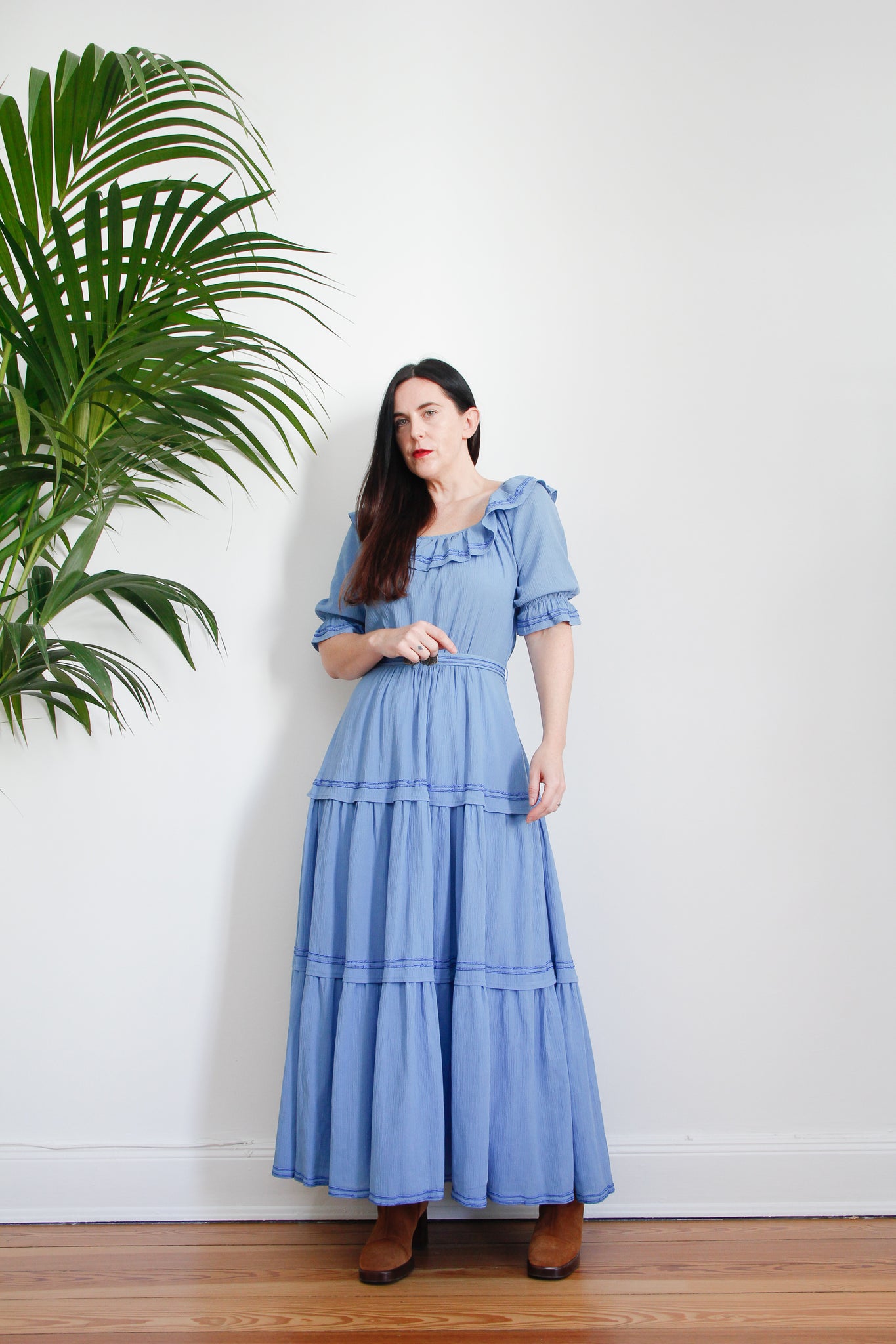 1970's Cotton Prairie Frill Belted Maxi Dress