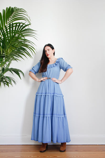 1970's Cotton Prairie Frill Belted Maxi Dress