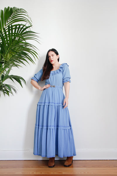 1970's Cotton Prairie Frill Belted Maxi Dress