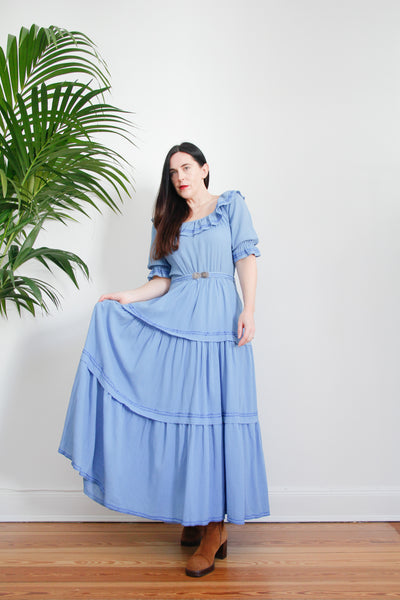 1970's Cotton Prairie Frill Belted Maxi Dress