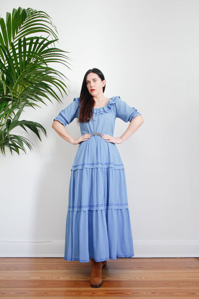 1970's Cotton Prairie Frill Belted Maxi Dress