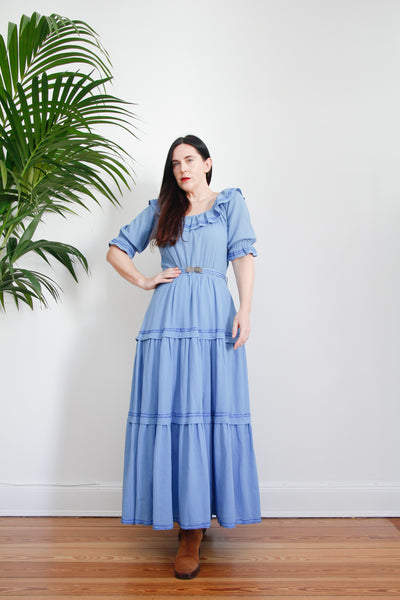 1970's Cotton Prairie Frill Belted Maxi Dress
