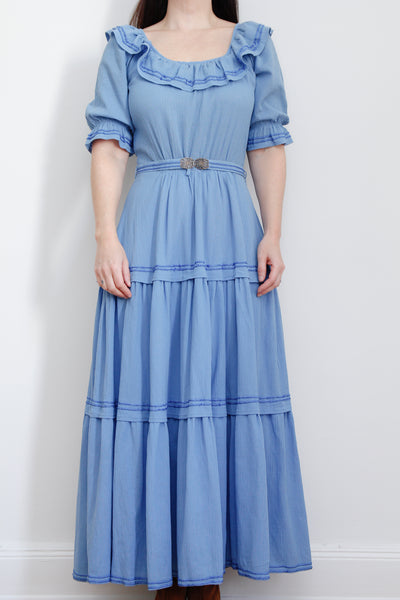 1970's Cotton Prairie Frill Belted Maxi Dress