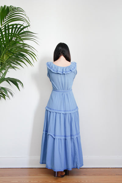 1970's Cotton Prairie Frill Belted Maxi Dress