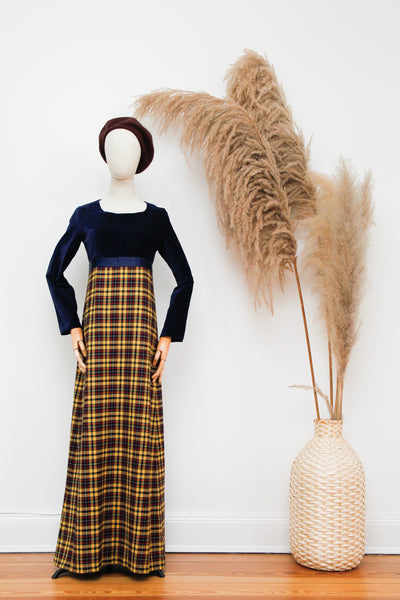 1970's Velvet Cotton Prairie Floral Maxi Dress