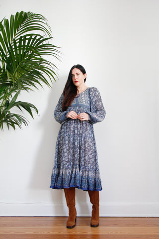 1970's Indian Gauze Floral Fabric Poet Sleeve Rare Dress