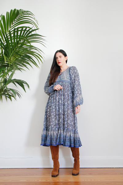 1970's Indian Gauze Floral Fabric Poet Sleeve Rare Dress