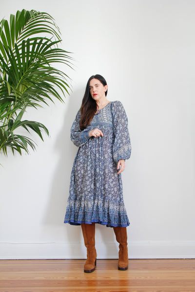 1970's Indian Gauze Floral Fabric Poet Sleeve Rare Dress