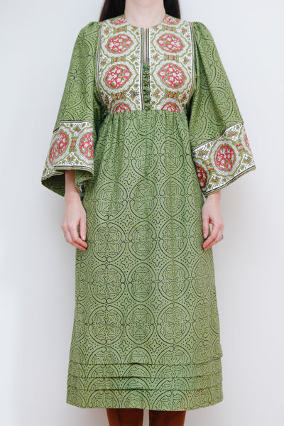 1970's Indian Cotton Sanobo Floral Bohemian Kaftan Dress